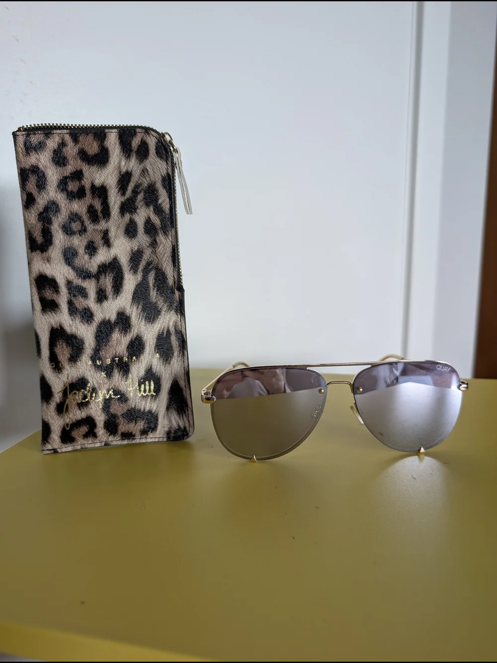 Quay Australia x Jaclyn Hill Gold Mirrored Aviator Sunglasses with Leopard Case
